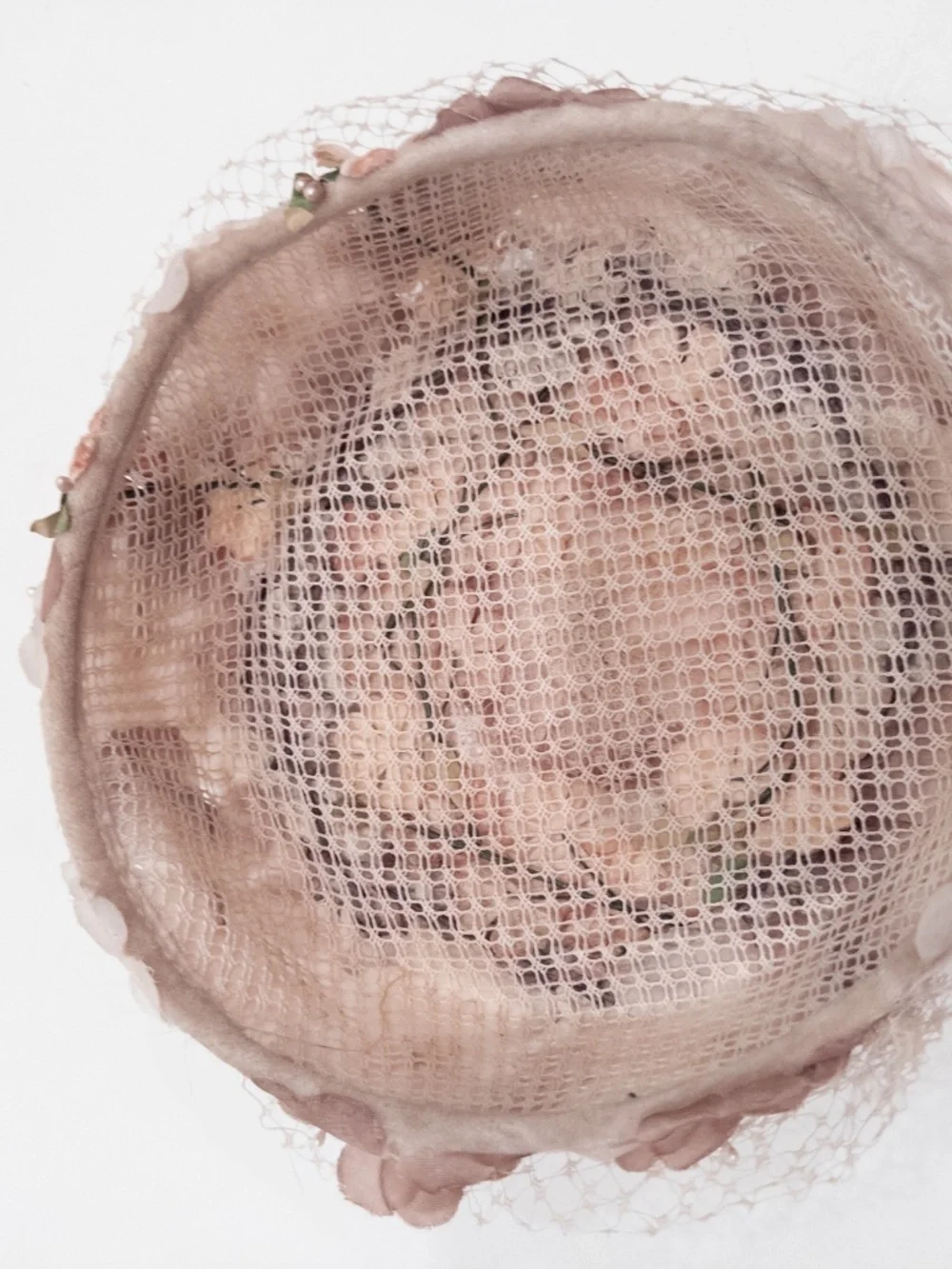 Vintage pillbox hat pink with flowers, beads, netting